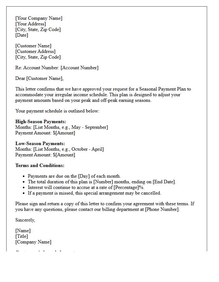 Irregular Income Seasonal Payment Plan Confirmation Letter