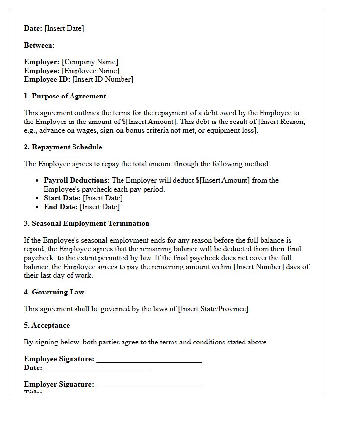 Seasonal Employment Debt Repayment Agreement Letter