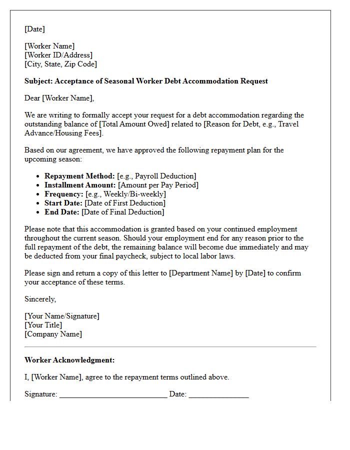 Seasonal Worker Debt Accommodation Acceptance Letter