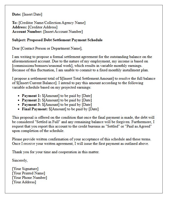 Variable Earnings Debt Settlement Schedule Letter