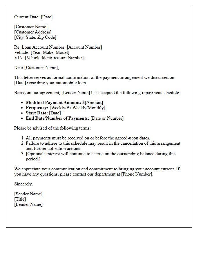 Automobile Loan Payment Arrangement Confirmation Letter