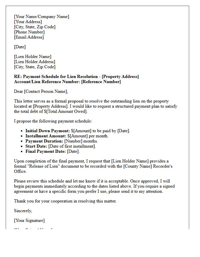 Property Lien Resolution Payment Schedule Letter