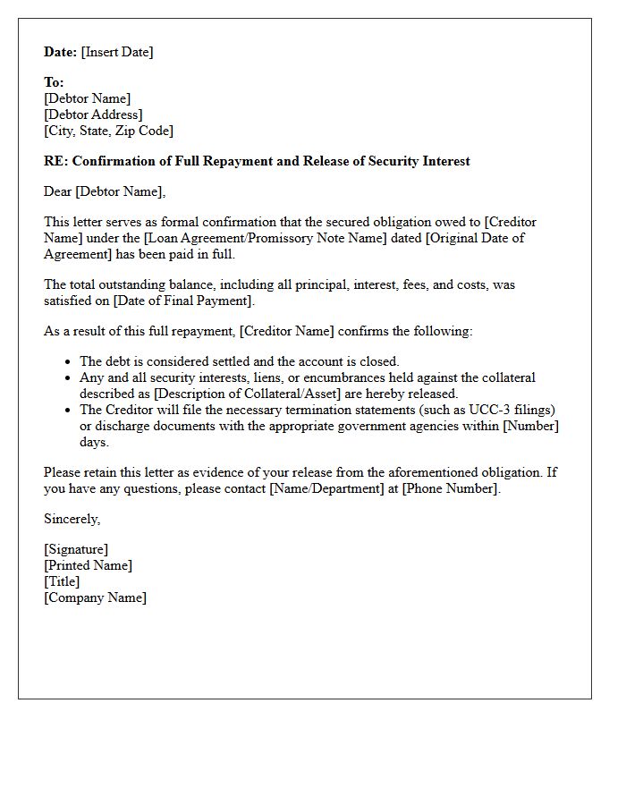Secured Obligation Repayment Confirmation Letter