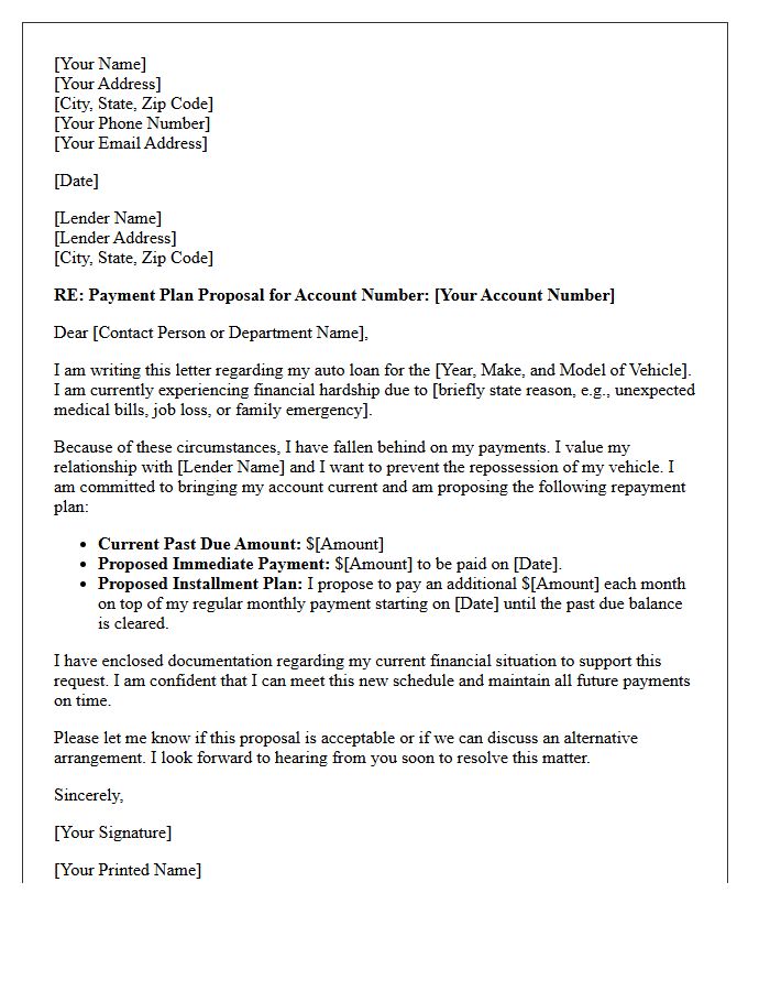 Vehicle Repossession Prevention Payment Plan Letter