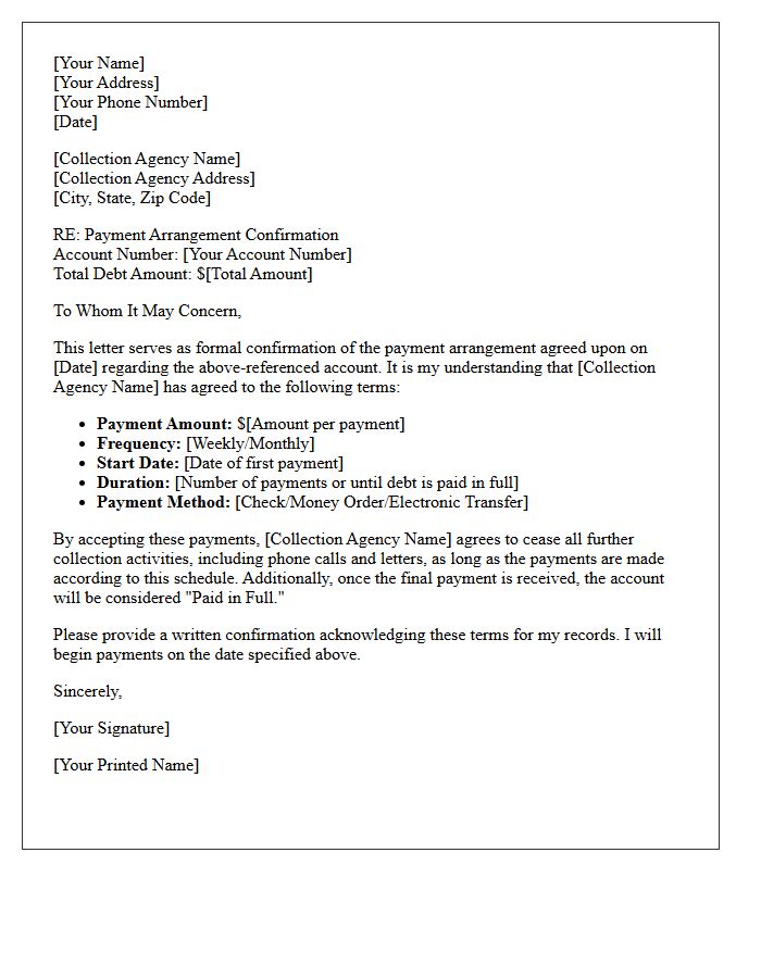 Collection Account Payment Arrangement Confirmation Letter