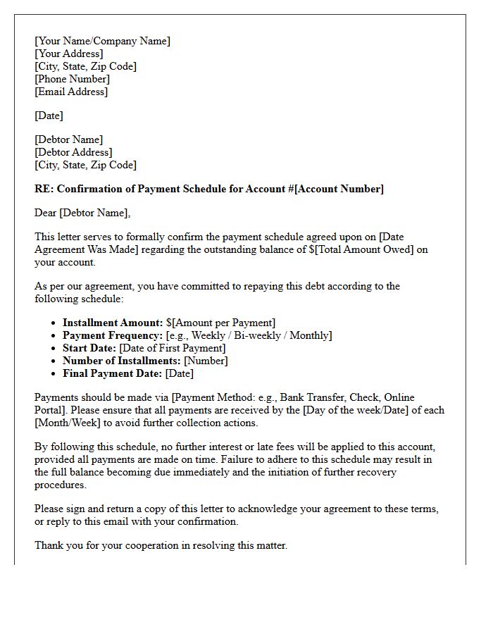 Debt Recovery Payment Schedule Confirmation Letter