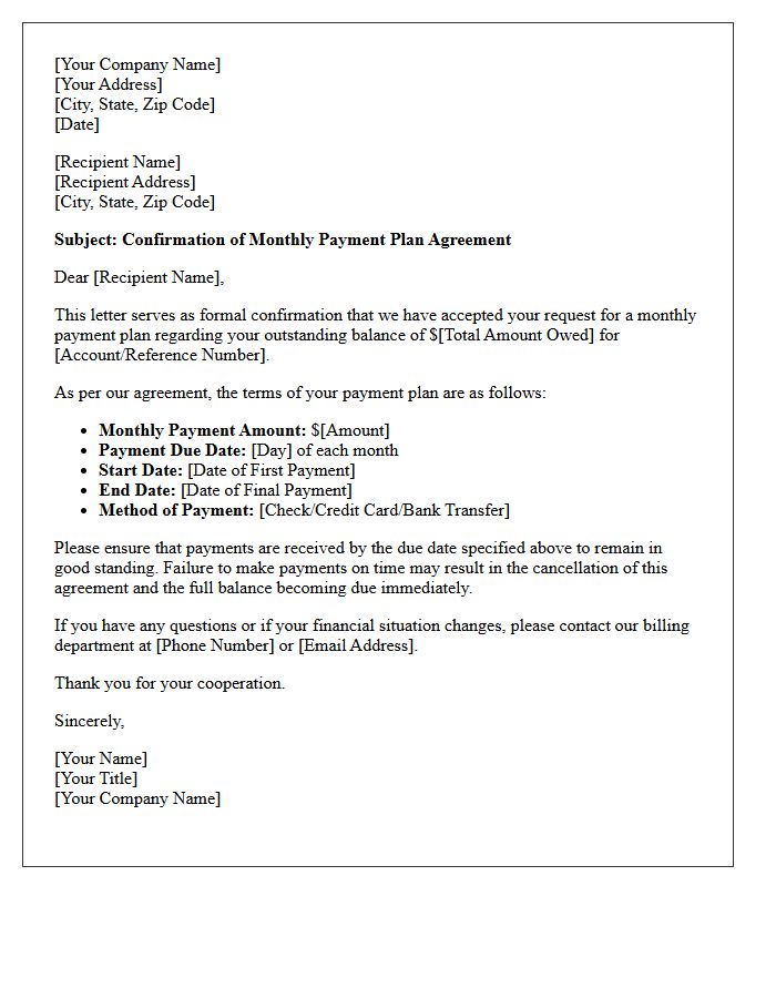 Monthly Payment Plan Agreement Confirmation Letter