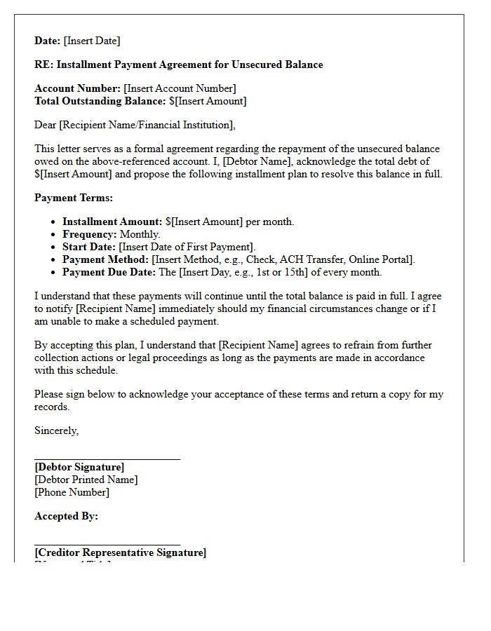 Unsecured Balance Installment Agreement Letter