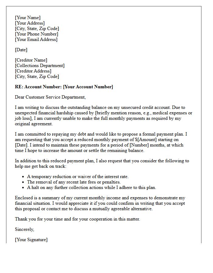 Unsecured Credit Balance Payment Plan Letter
