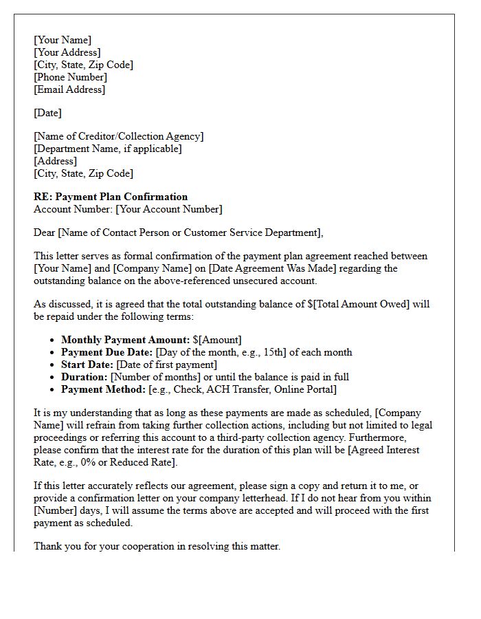 Unsecured Debt Payment Plan Confirmation Letter