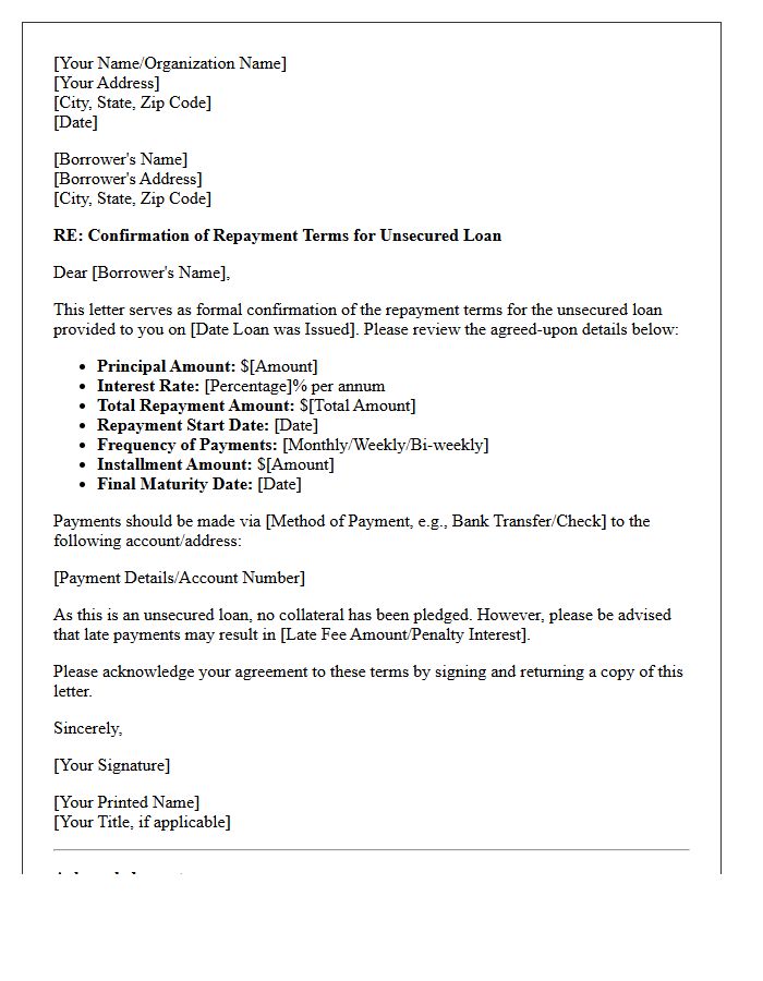 Unsecured Loan Repayment Terms Confirmation Letter