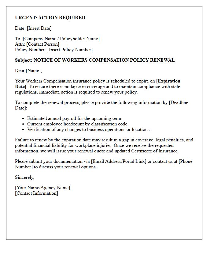 Urgent Workers Compensation Policy Annual Renewal Letter