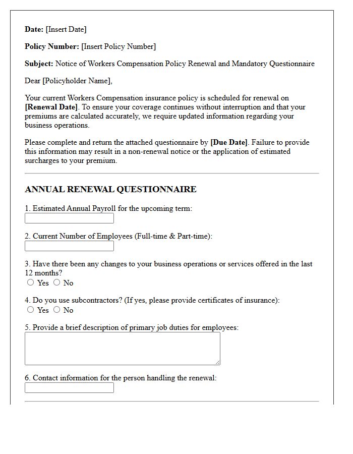Workers Compensation Renewal Questionnaire And Notice Letter