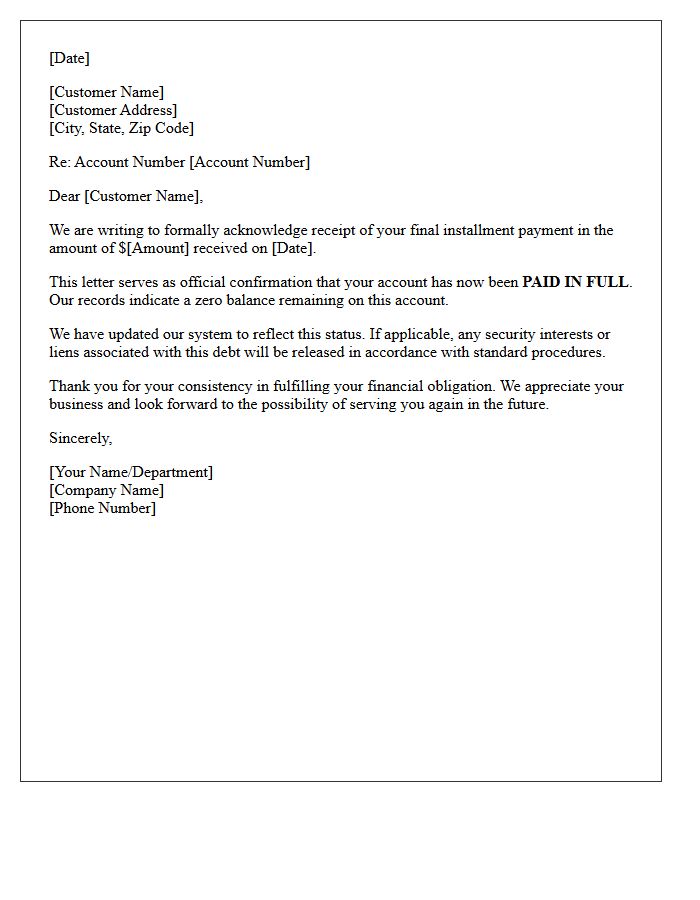 Account Paid In Full Final Installment Acknowledgment Letter
