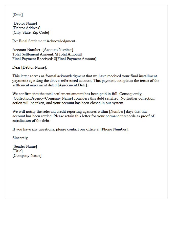 Collection Account Final Installment Settlement Acknowledgment Letter