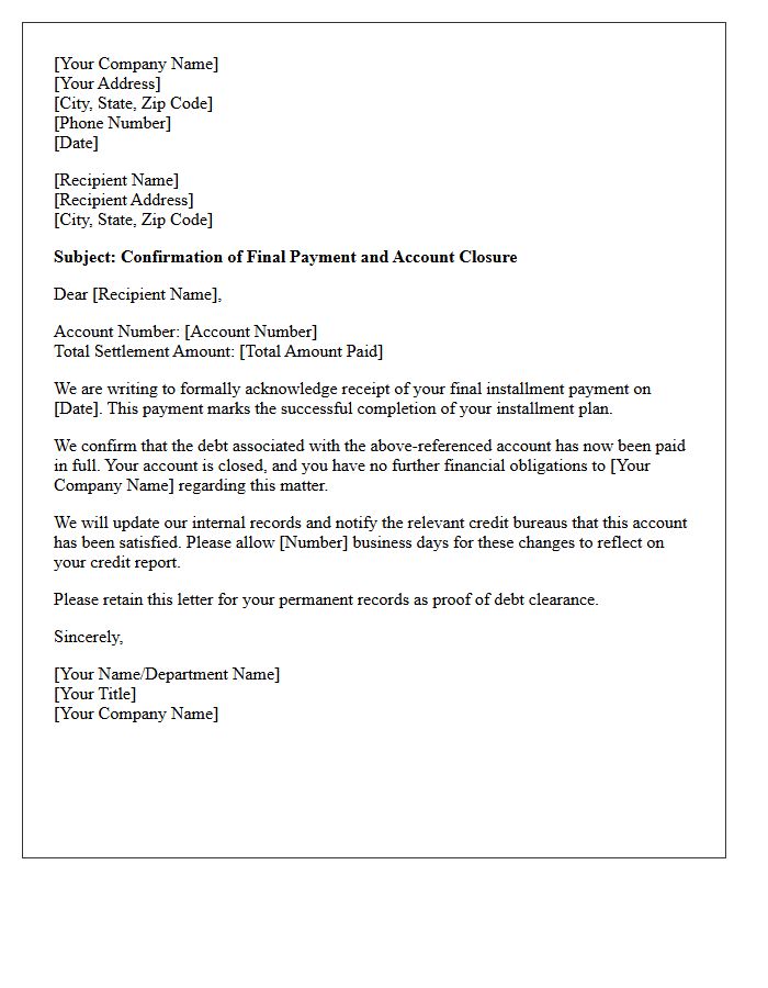 Debt Recovery Final Installment Plan Completion Letter