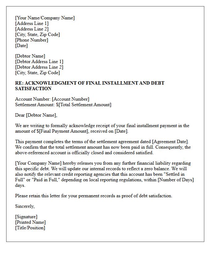 Debt Settlement Final Installment Acknowledgment Letter
