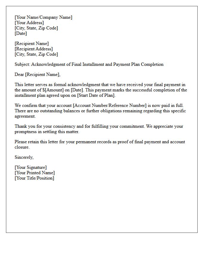 Final Installment Acknowledgment Payment Plan Confirmation Letter