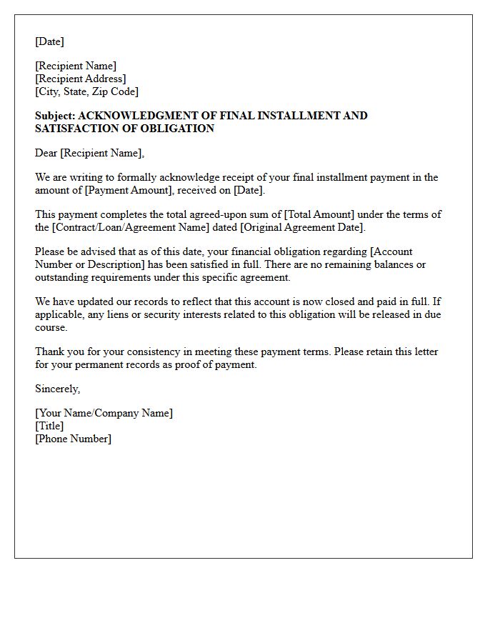 Obligation Satisfied Final Installment Acknowledgment Letter