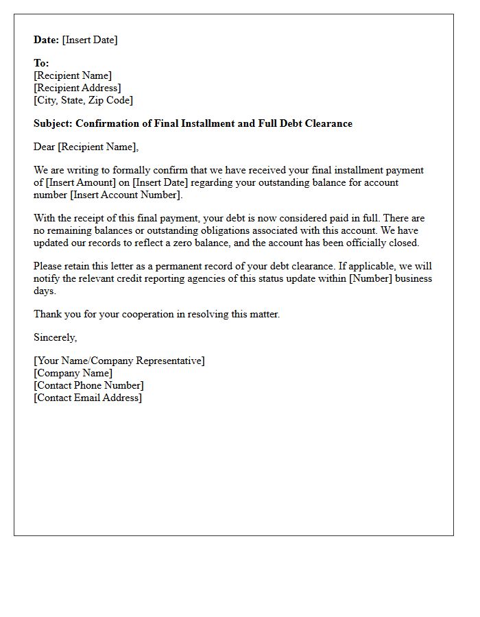 Outstanding Debt Final Installment Clearance Confirmation Letter