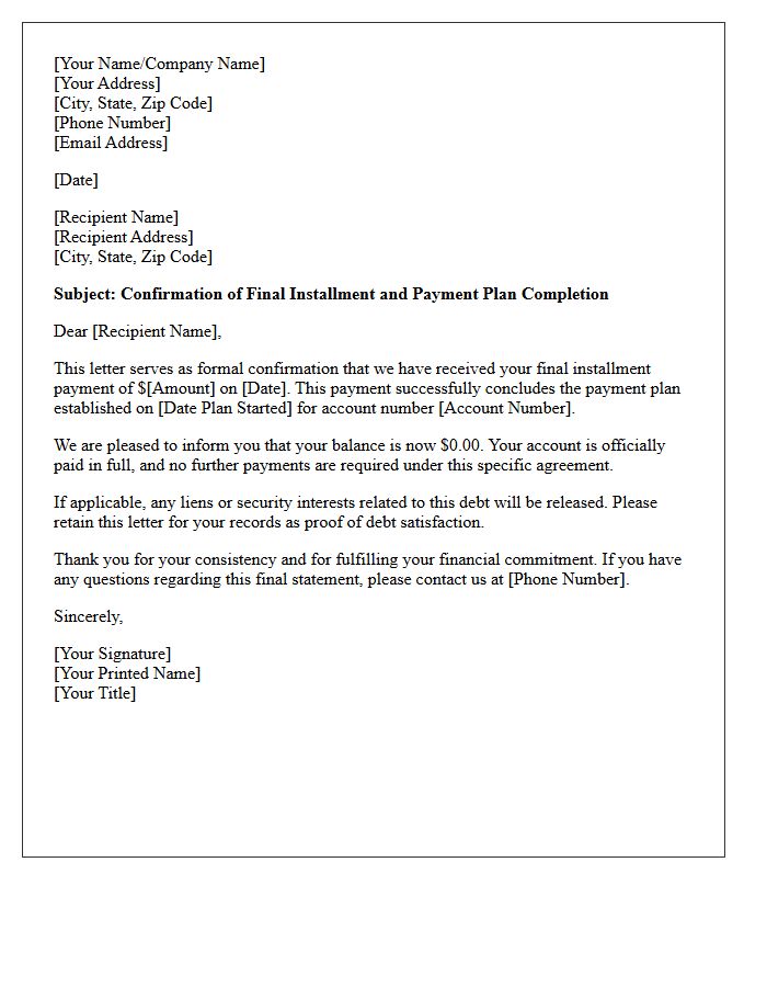 Payment Plan Completion And Final Installment Confirmation Letter