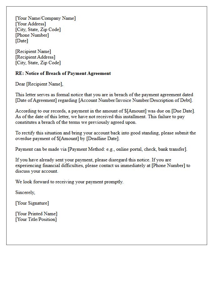 First Breach of Payment Agreement Letter