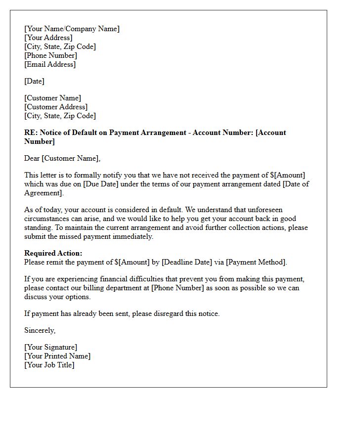 First Default on Payment Arrangement Letter