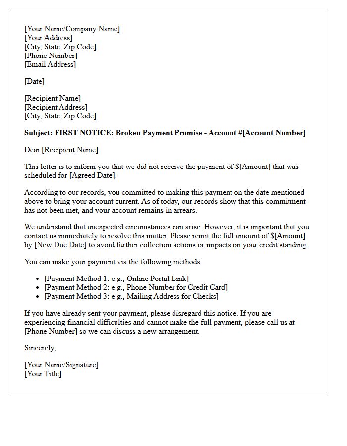 First Notice of Broken Payment Promise Letter