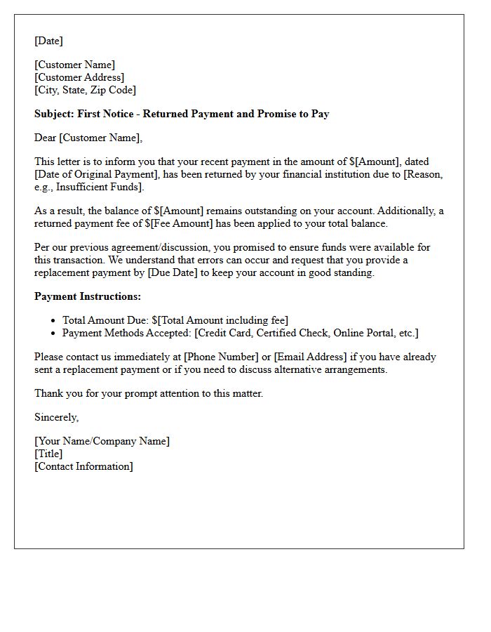 First Notice of Returned Payment Promise Letter