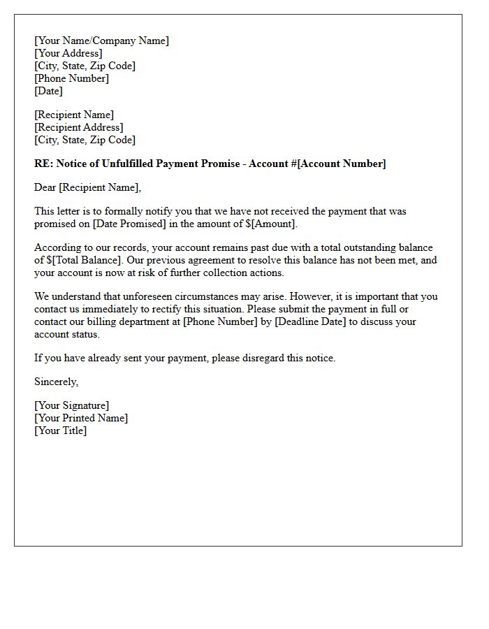 First Notice of Unfulfilled Payment Promise Letter