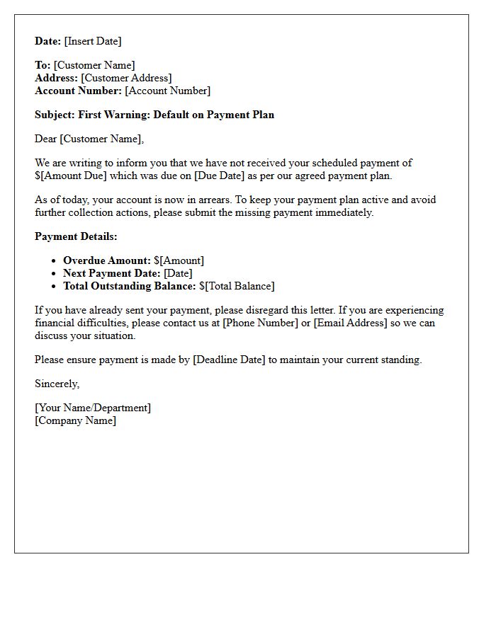 First Warning for Broken Payment Plan Letter