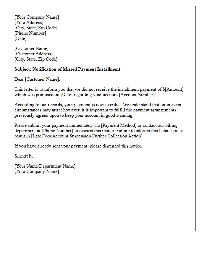 Missed Installment Promise Notification Letter