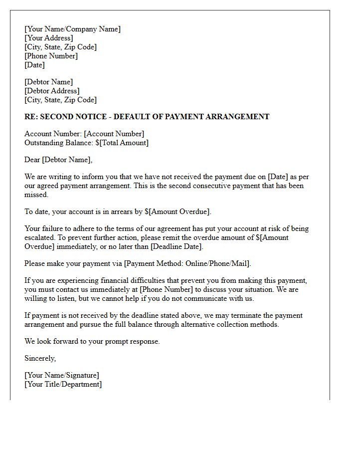 Debt Collection Letter for Second Missed Payment Arrangement