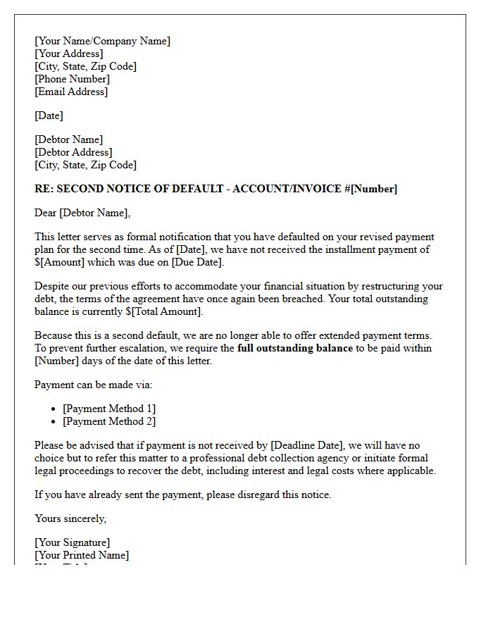 Debt Recovery Letter for Second Broken Payment Plan