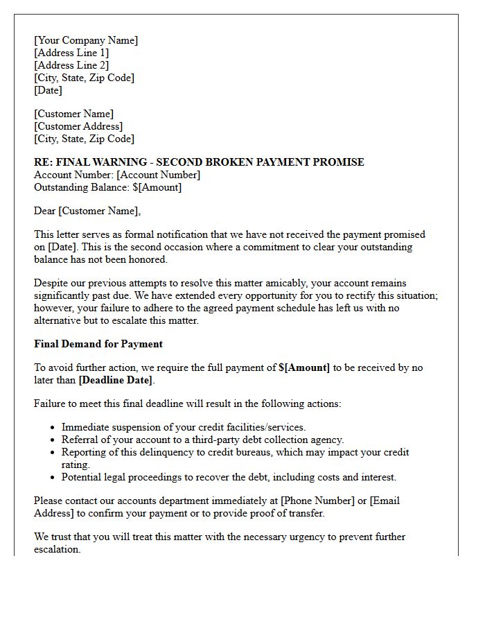 Final Warning Letter for Second Broken Payment Promise