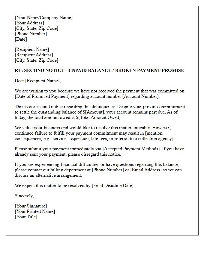Letter of Second Notice for Failed Payment Commitment