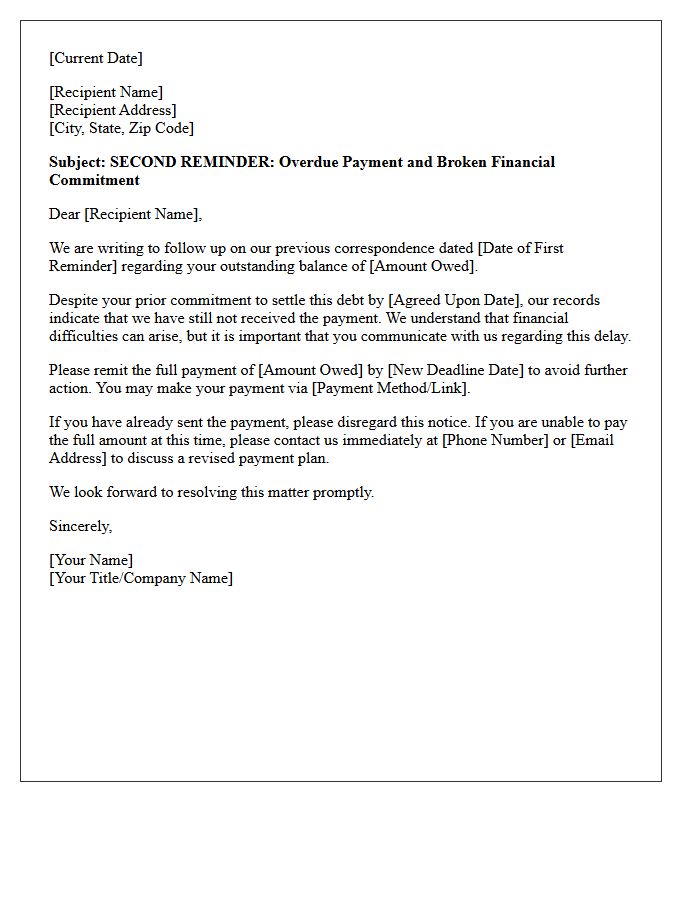 Letter of Second Reminder for Broken Financial Commitment