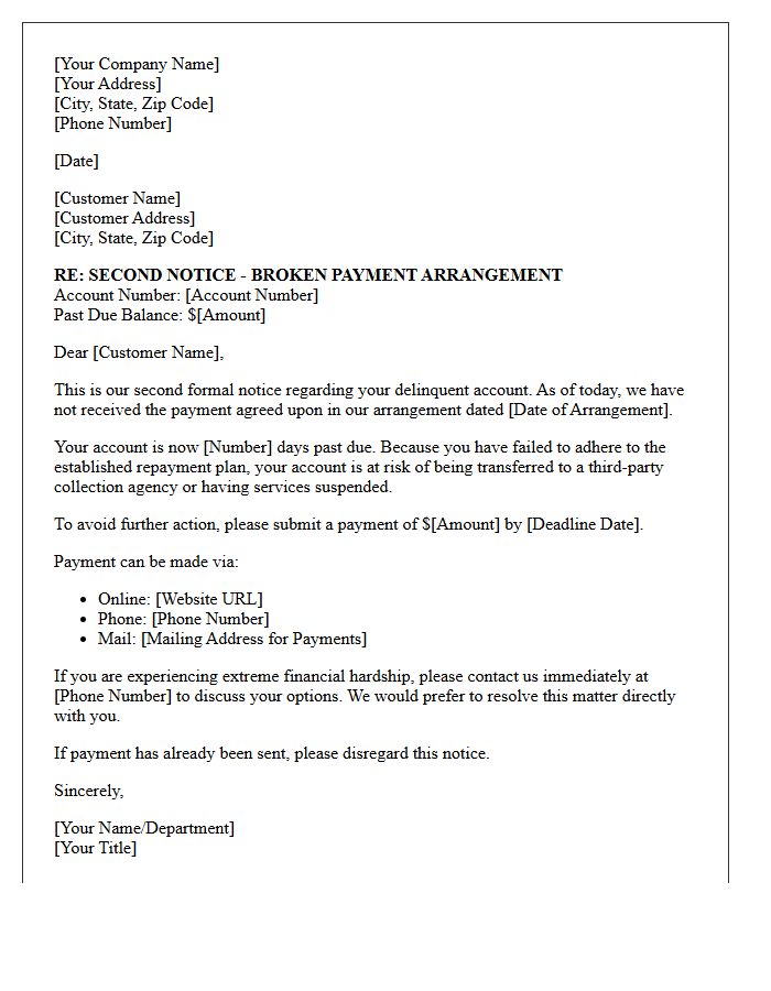 Second Delinquency Letter for Missed Payment Arrangement