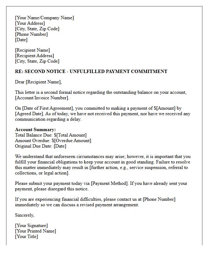 Second Notice Letter Regarding Unfulfilled Payment Commitment