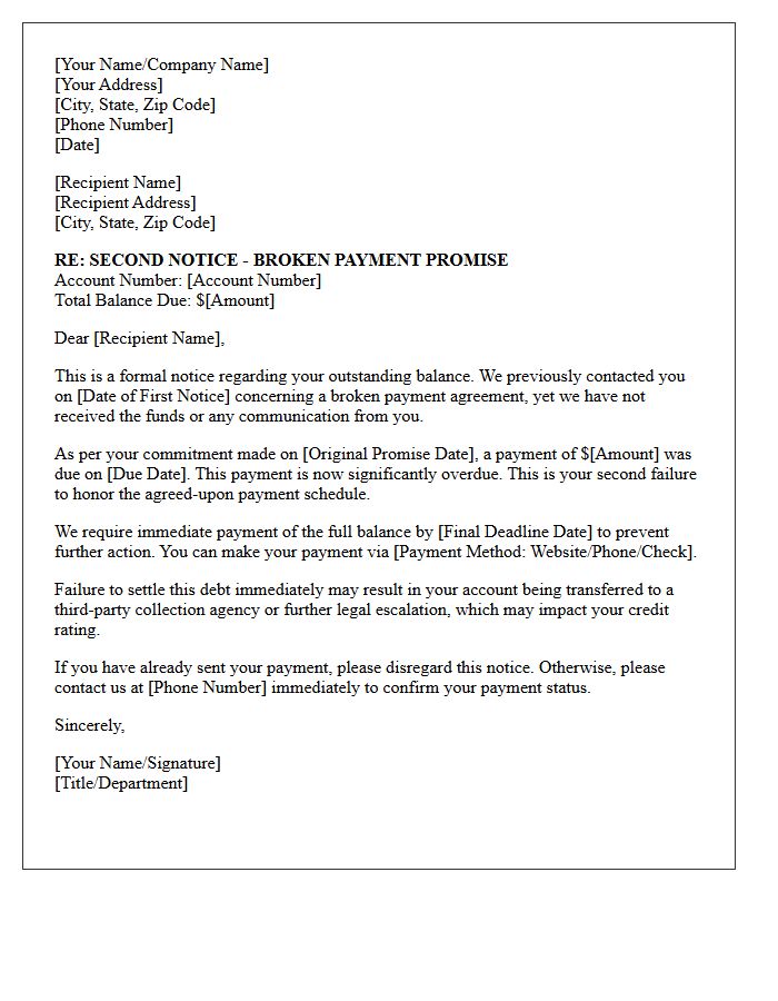 Second Notice of Broken Payment Promise Letter