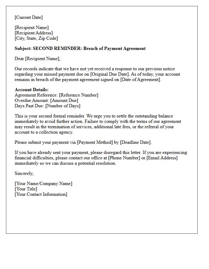 Second Reminder Letter for Breached Payment Agreement