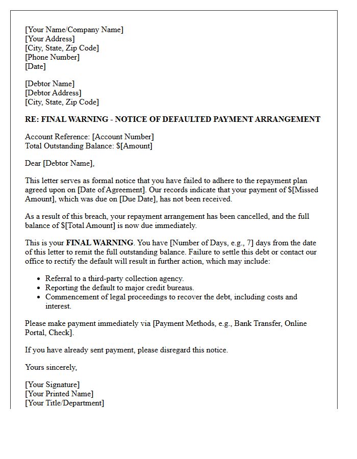 Debt Collection Final Warning Letter for Defaulted Arrangement