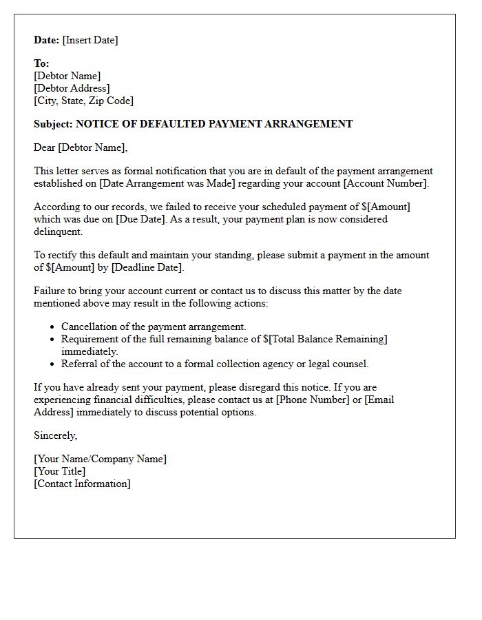 Notification Of Defaulted Payment Arrangement Letter
