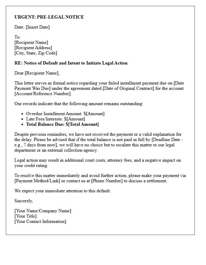 Pre-Legal Notice For Failed Installment Letter