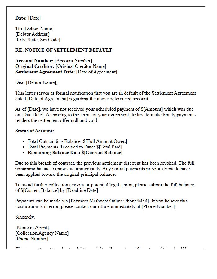 Collection Agency Settlement Default Notification Letter