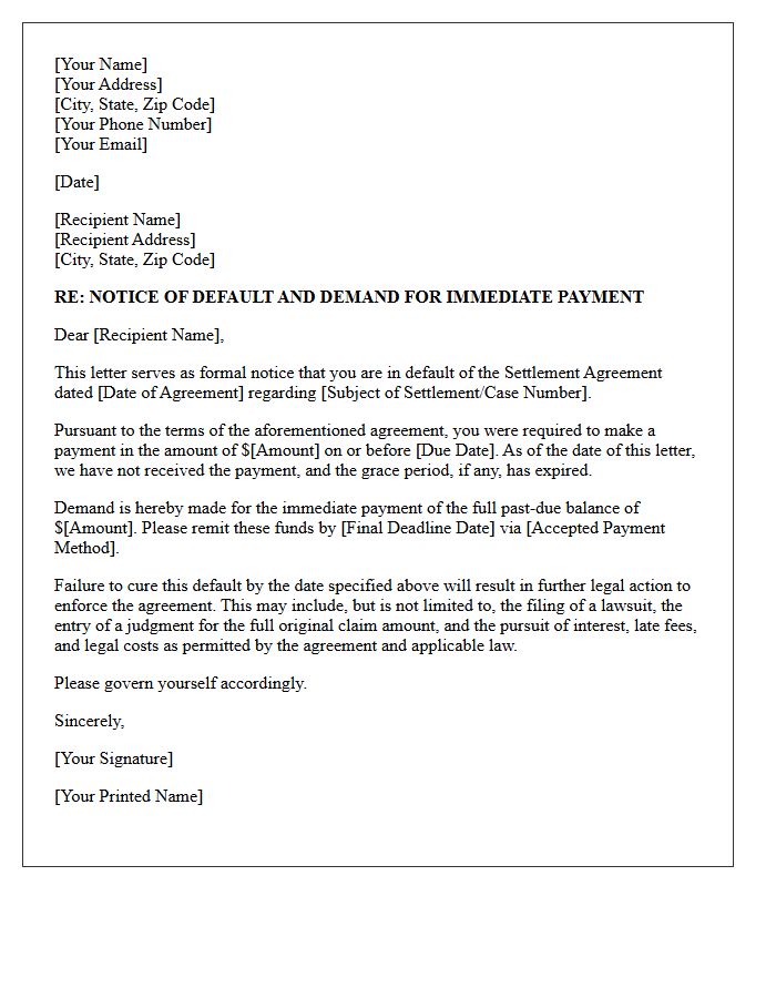 Demand for Immediate Payment on Defaulted Settlement Letter