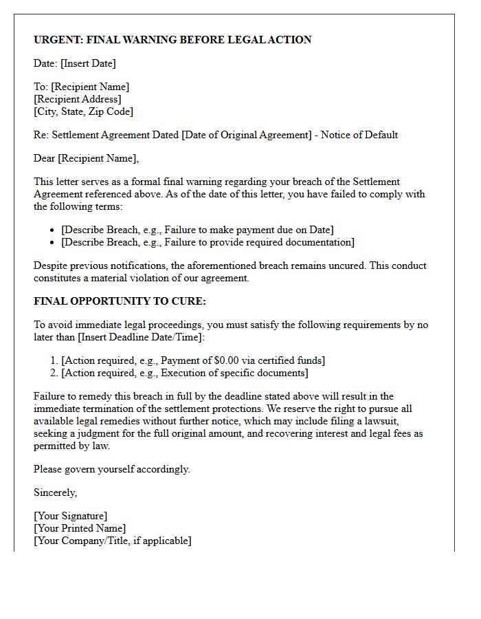 Final Warning Settlement Breach Letter