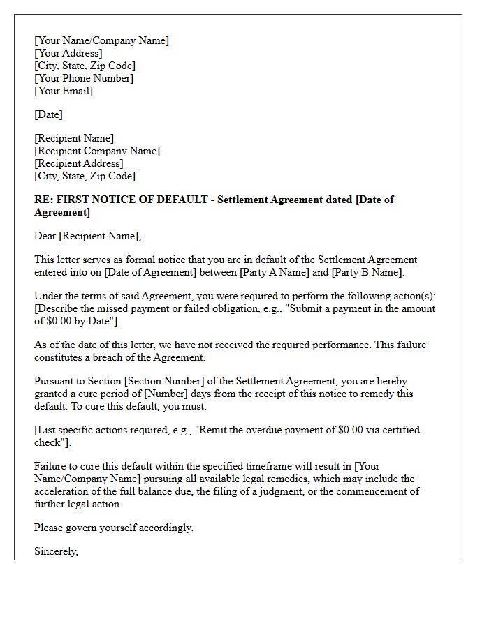 First Notice of Default on Settlement Agreement Letter