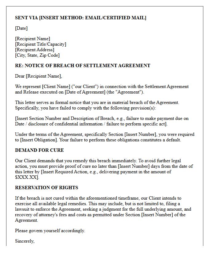 Legal Counsel Settlement Breach Warning Letter