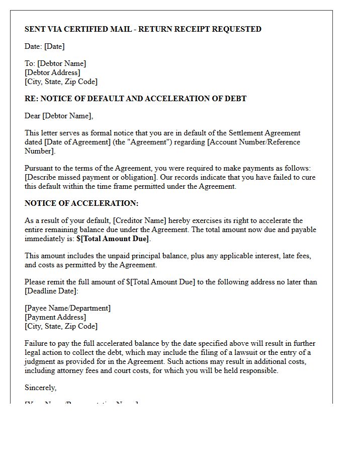 Notice of Acceleration Due to Settlement Default Letter